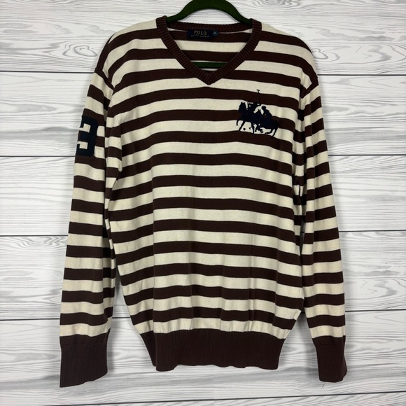 Polo Ralph Lauren Sweaters - VTG POLO RALPH LAUREN BIG PONY #3 JERSEY SWEATER BROWN WHITE STRIPED XL
